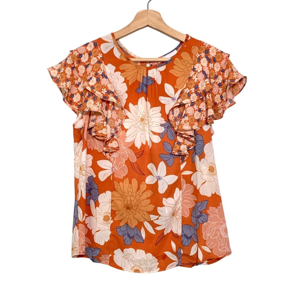 Orange Floral Ruffle Sleeve Blouse By DR2 Size Small Summer Floral